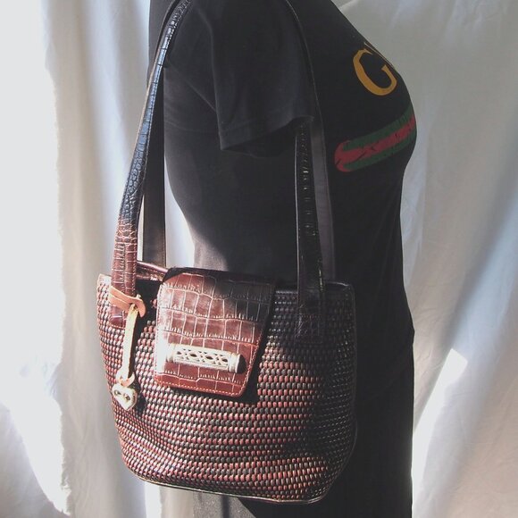 Vintage Brighton Crocodile/Basket Weave Brown Shoulder Bag with Hangtag - Picture 2 of 16